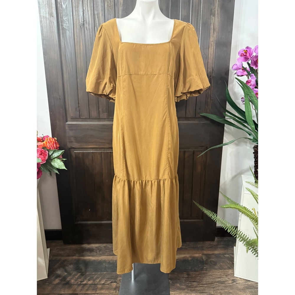 Free People Midi Dress Mustard Bronze Puff Sleeve Square Neck Large NEW